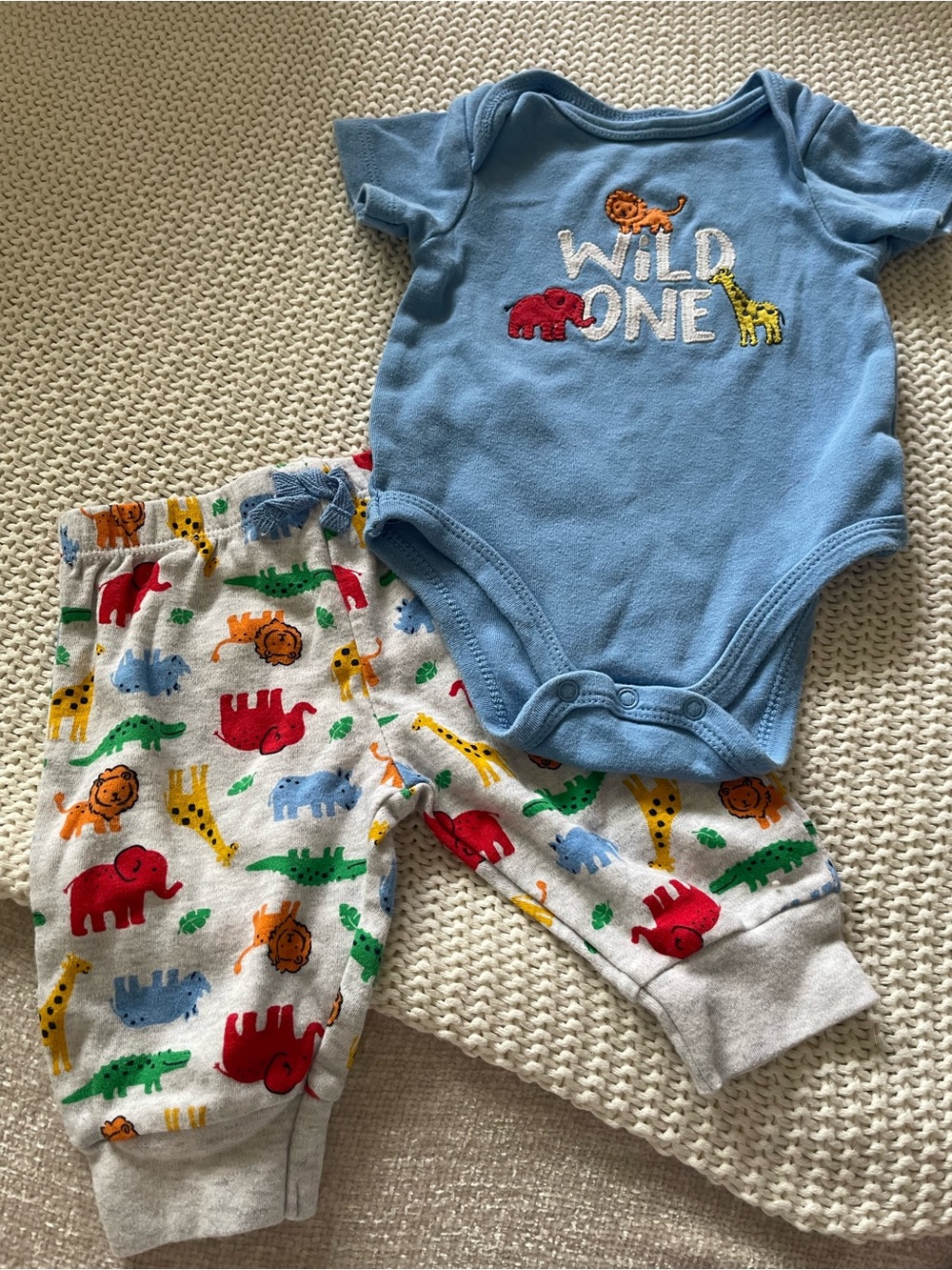5/$25 Little Me Blue "Wild One" Bodysuit with Multicolor Jungle Pants EUC